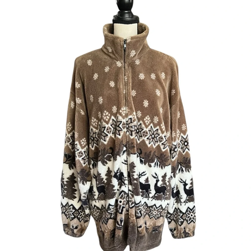 VTG. Mazmania Sherpa Fleece Zipper front Winter Deer/Trees Scene Jacket. Sz. XL - Picture 2 of 8